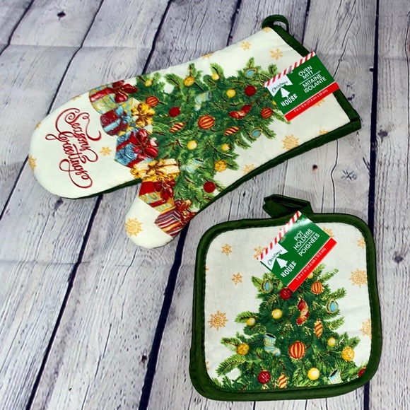 Holiday Glitter Christmas Tree Seasons Greetings Oven Mitt and Pot Holders Set - Picture 2 of 3